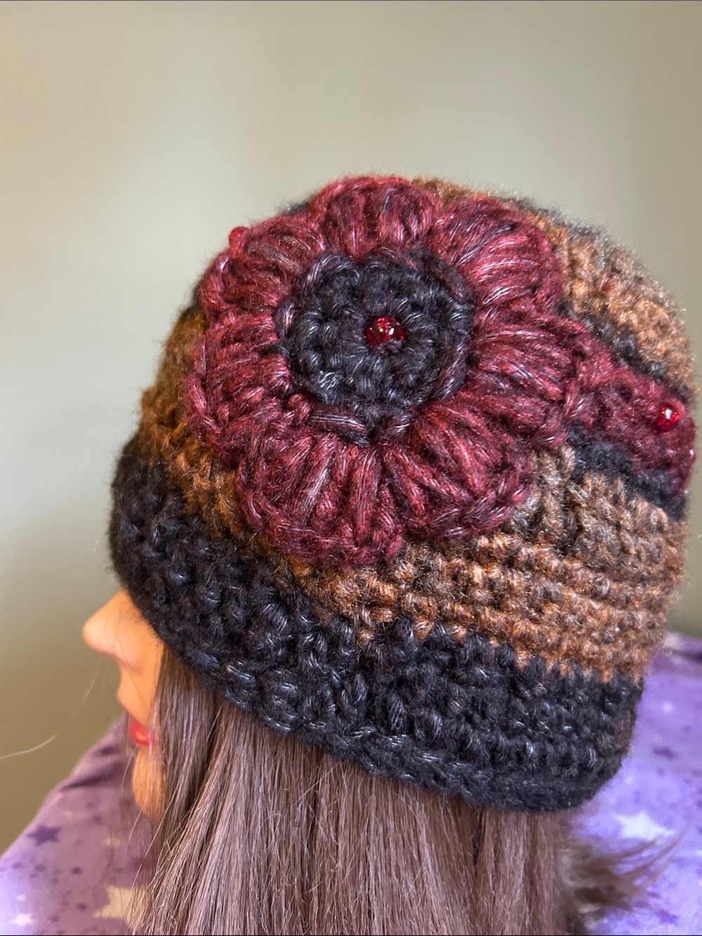 Handmade Crochet  medium beanie with Burgundy Flower  acrylic soft yarn